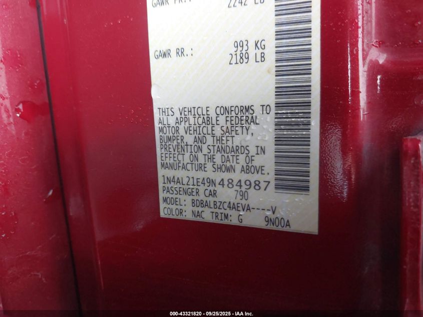 2009 Nissan Altima 2.5 S VIN: 1N4AL21E49N484987 Lot: 43321820