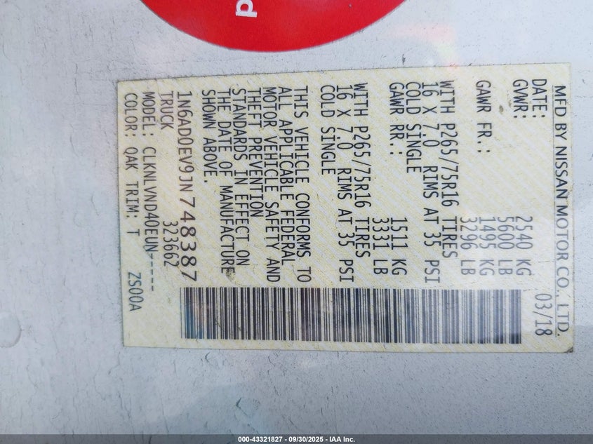 2018 Nissan Frontier Pro-4X VIN: 1N6AD0EV9JN748387 Lot: 43321827