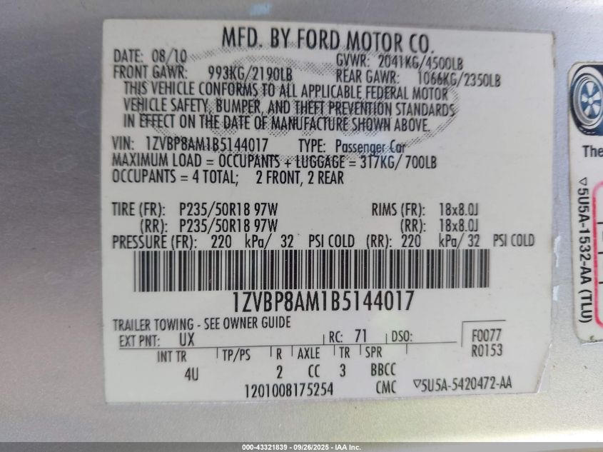 2011 Ford Mustang V6 Premium VIN: 1ZVBP8AM1B5144017 Lot: 43321839