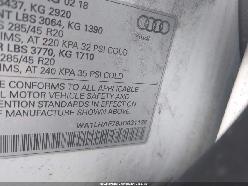 2018 Audi Q7 2.0T Premium VIN: WA1LHAF78JD031128 Lot: 43321860