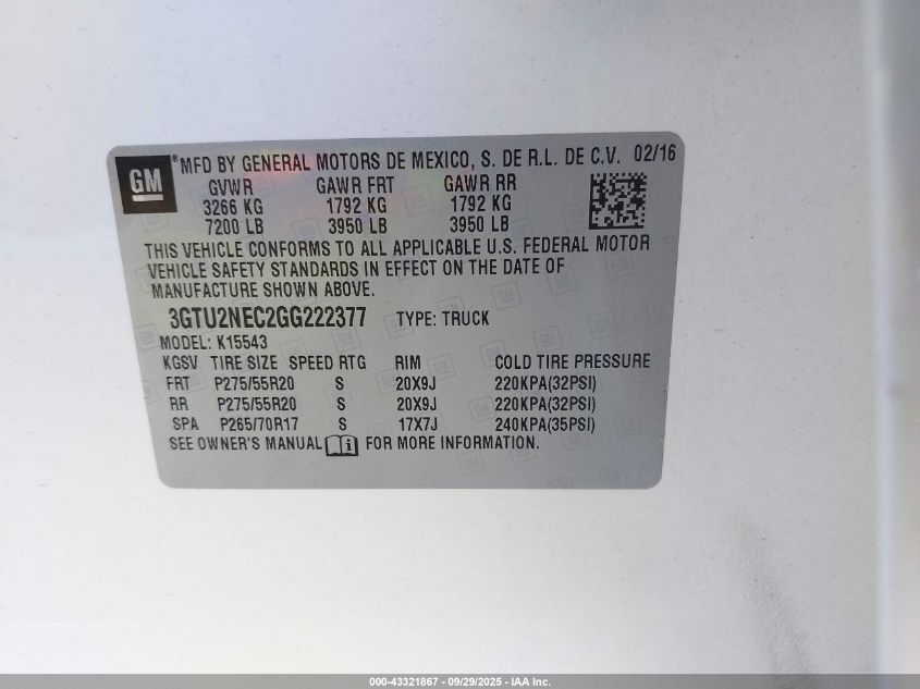 2016 GMC Sierra 1500 Slt VIN: 3GTU2NEC2GG222377 Lot: 43321867