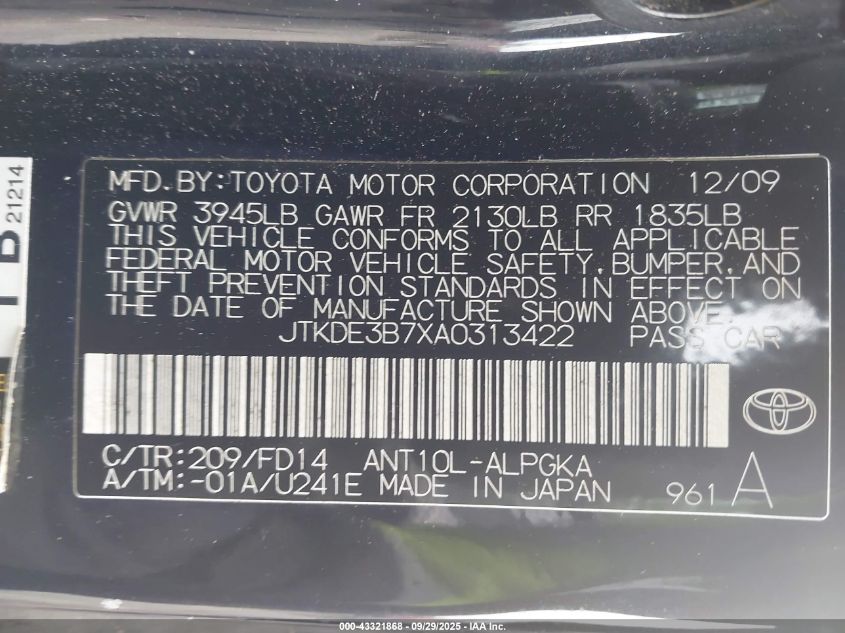 2010 Scion Tc VIN: JTKDE3B7XA0313422 Lot: 43321868