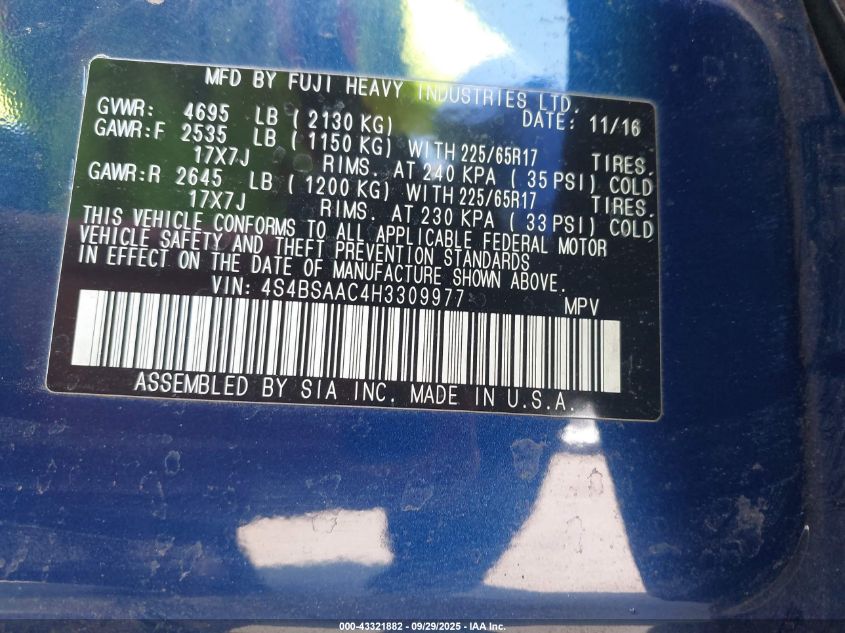 2017 Subaru Outback 2.5I VIN: 4S4BSAAC4H3309977 Lot: 43321882