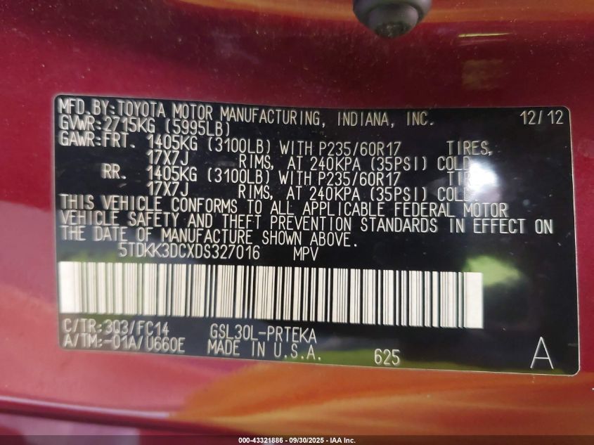 2013 Toyota Sienna Le V6 8 Passenger VIN: 5TDKK3DCXDS327016 Lot: 43321886