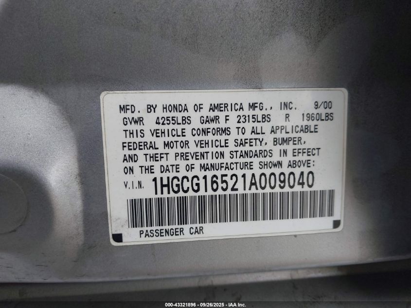 2001 Honda Accord 3.0 Ex VIN: 1HGCG16521A009040 Lot: 43321896