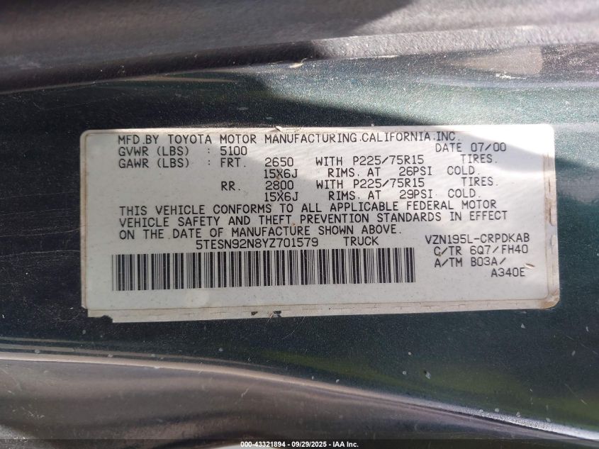 2000 Toyota Tacoma Prerunner V6 VIN: 5TESN92N8YZ701579 Lot: 43321894