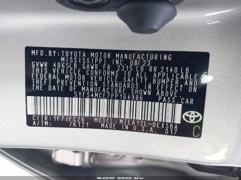 2023 Toyota Corolla Se VIN: 5YFS4MCE7PP164986 Lot: 43321907