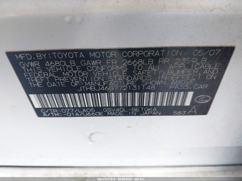 2007 Lexus Es 350 VIN: JTHBJ46G772131148 Lot: 43321910