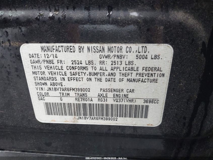 2015 Infiniti Q50 Premium VIN: JN1BV7AR6FM399002 Lot: 43321923