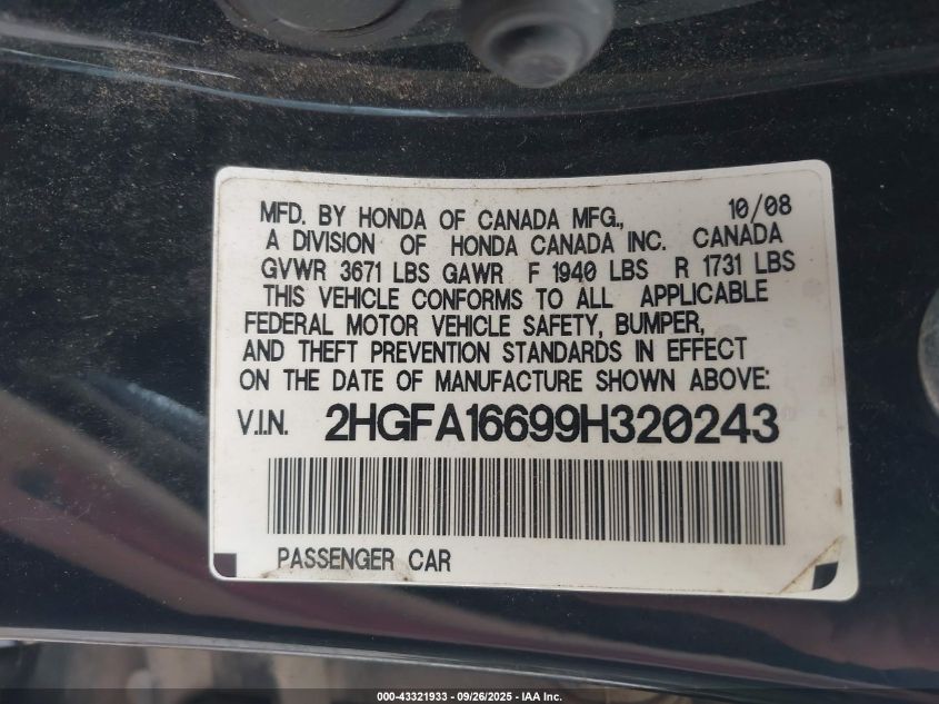 2009 Honda Civic Lx-S VIN: 2HGFA16699H320243 Lot: 43321933