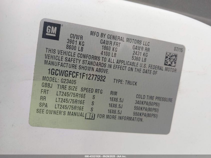 2015 Chevrolet Express 2500 Work Van VIN: 1GCWGFCF1F1277932 Lot: 43321926