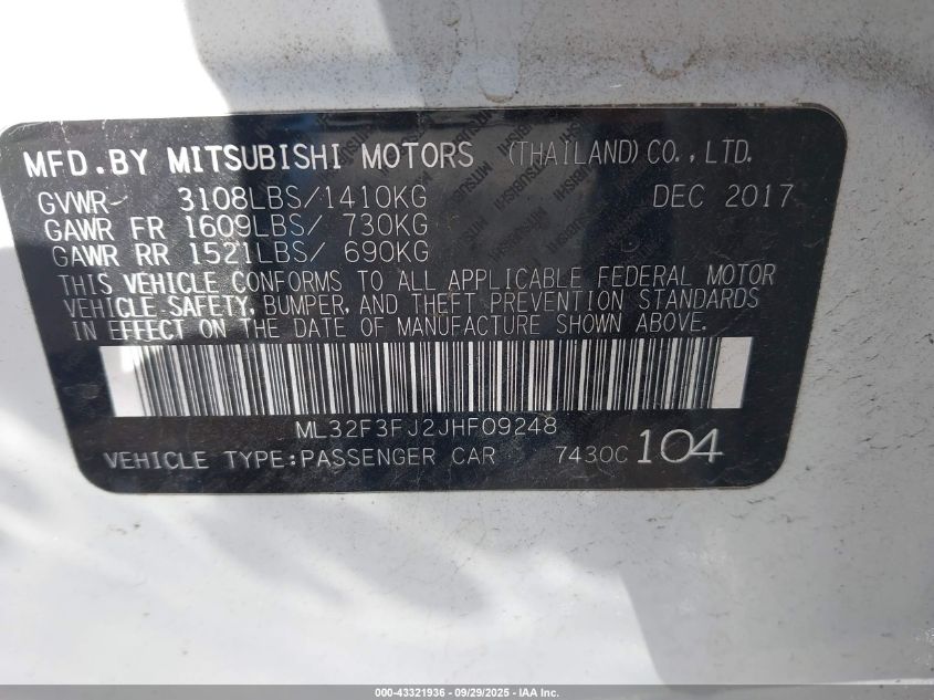 2018 Mitsubishi Mirage G4 Es VIN: ML32F3FJ2JHF09248 Lot: 43321936