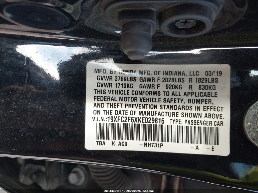 2019 Honda Civic Lx VIN: 19XFC2F6XKE029816 Lot: 43321937