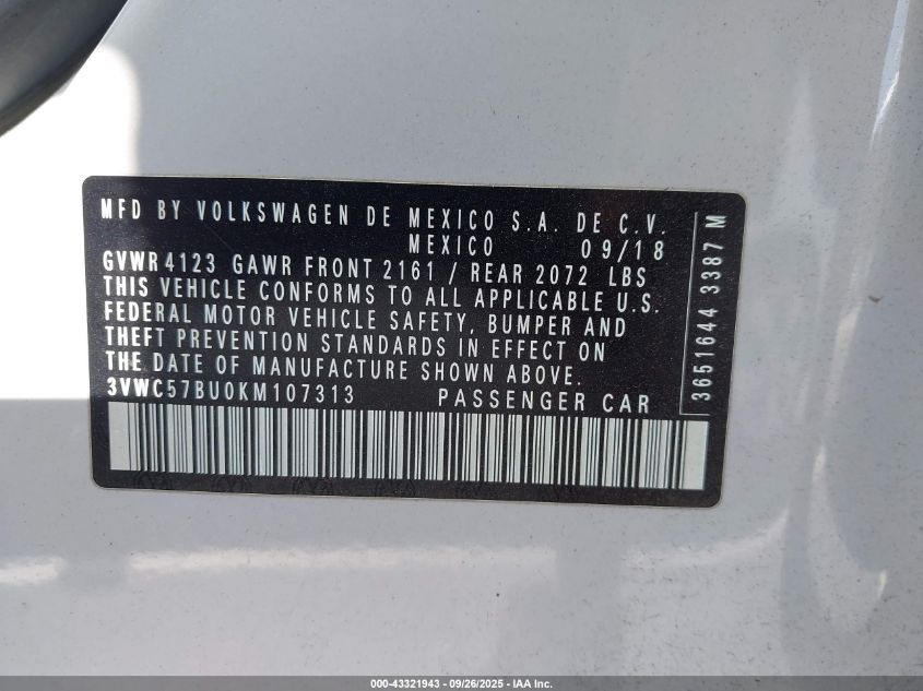 2019 Volkswagen Jetta 1.4T R-Line/1.4T S/1.4T Se VIN: 3VWC57BU0KM107313 Lot: 43321943