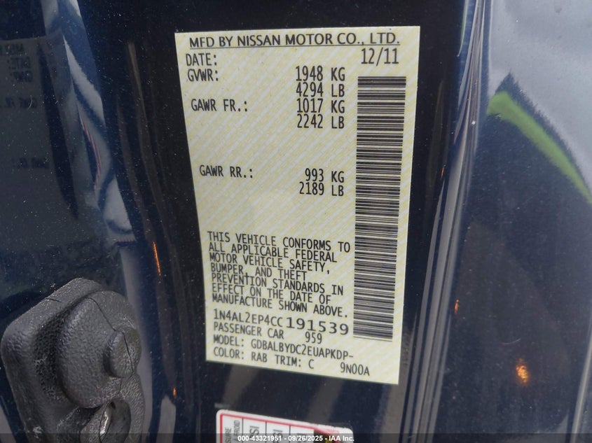 2012 Nissan Altima 2.5 S VIN: 1N4AL2EP4CC191539 Lot: 43321951