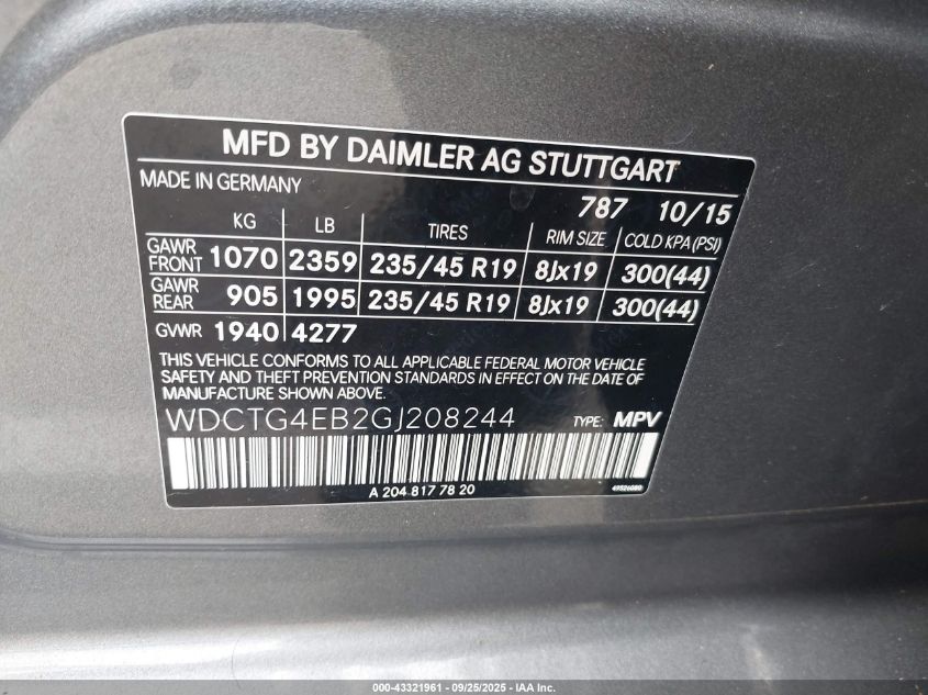 2016 Mercedes-Benz Gla 250 VIN: WDCTG4EB2GJ208244 Lot: 43321961