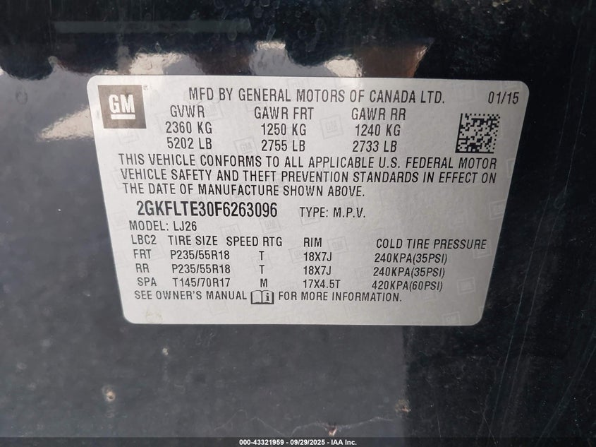 2015 GMC Terrain Slt-2 VIN: 2GKFLTE30F6263096 Lot: 43321959