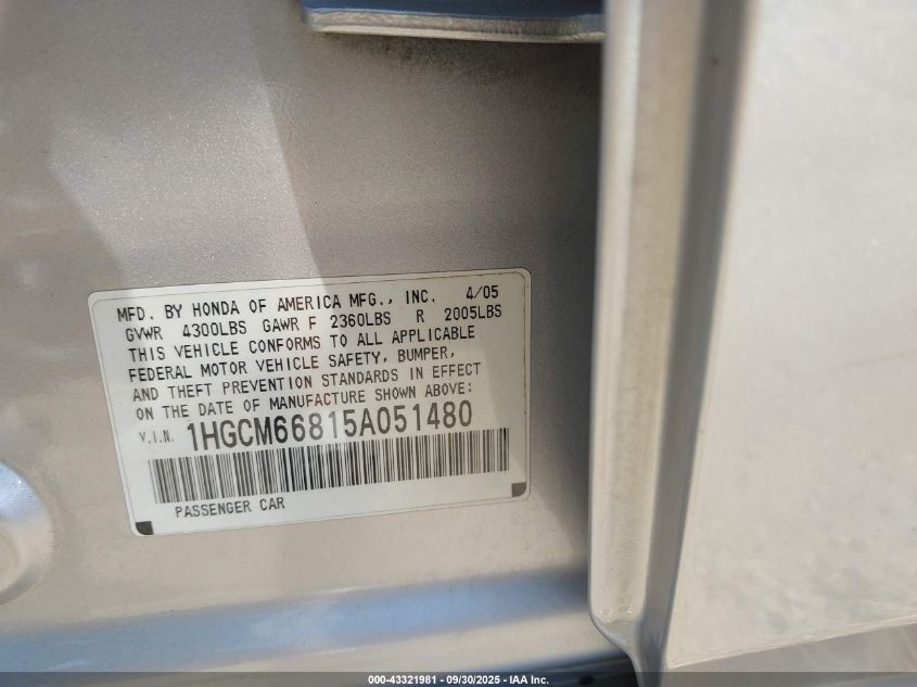2005 Honda Accord 3.0 Ex VIN: 1HGCM66815A051480 Lot: 43321981