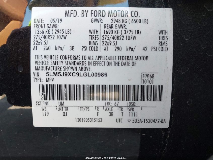 2020 Lincoln Aviator Black Label VIN: 5LM5J9XC9LGL00986 Lot: 43321982