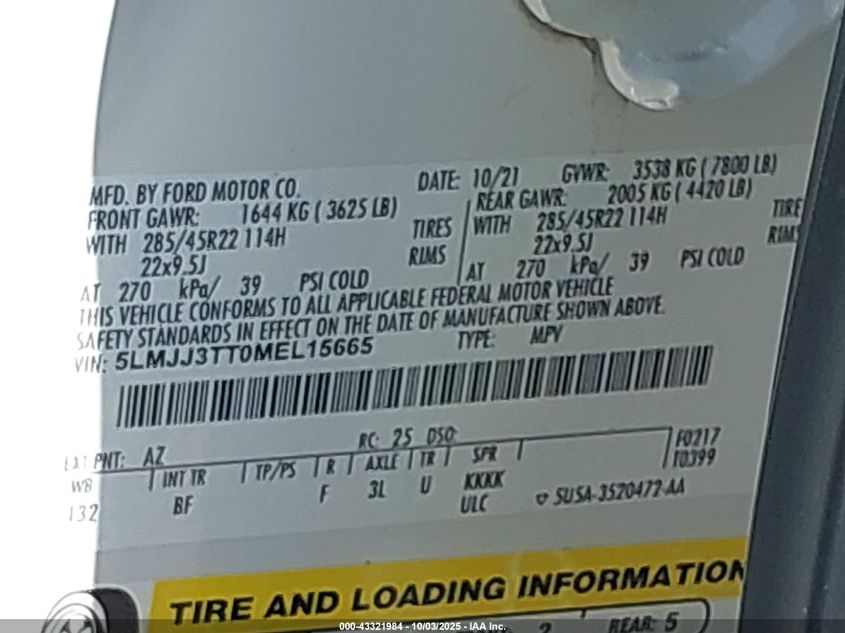 2021 Lincoln Navigator Black Label L VIN: 5LMJJ3TT0MEL15665 Lot: 43321984