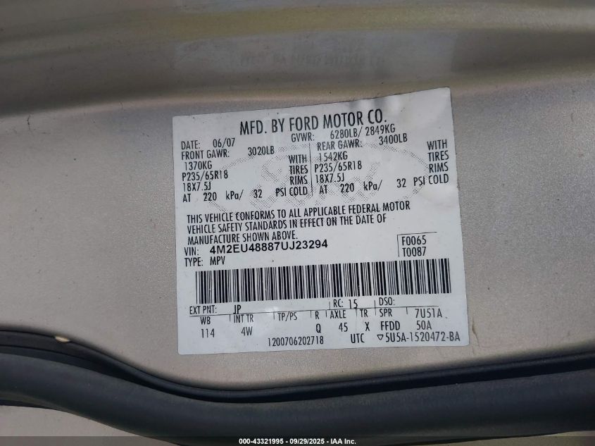 2007 Mercury Mountaineer Premier VIN: 4M2EU48887UJ23294 Lot: 43321995