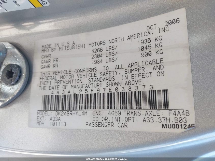 MITSUBISHI ECLIPSE SPYDER 2007 4A3AL25F97E038373 Photo 9