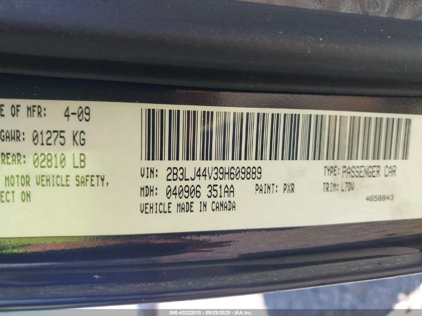 2009 Dodge Challenger Se VIN: 2B3LJ44V39H609889 Lot: 43322010