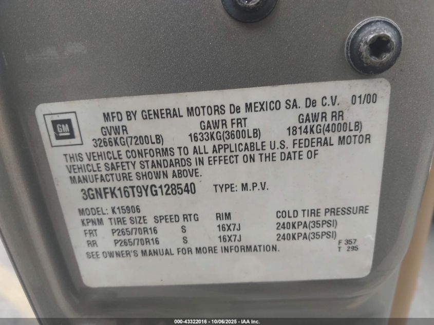 2000 Chevrolet Suburban 1500 Lt VIN: 3GNFK16T9YG128540 Lot: 43322016