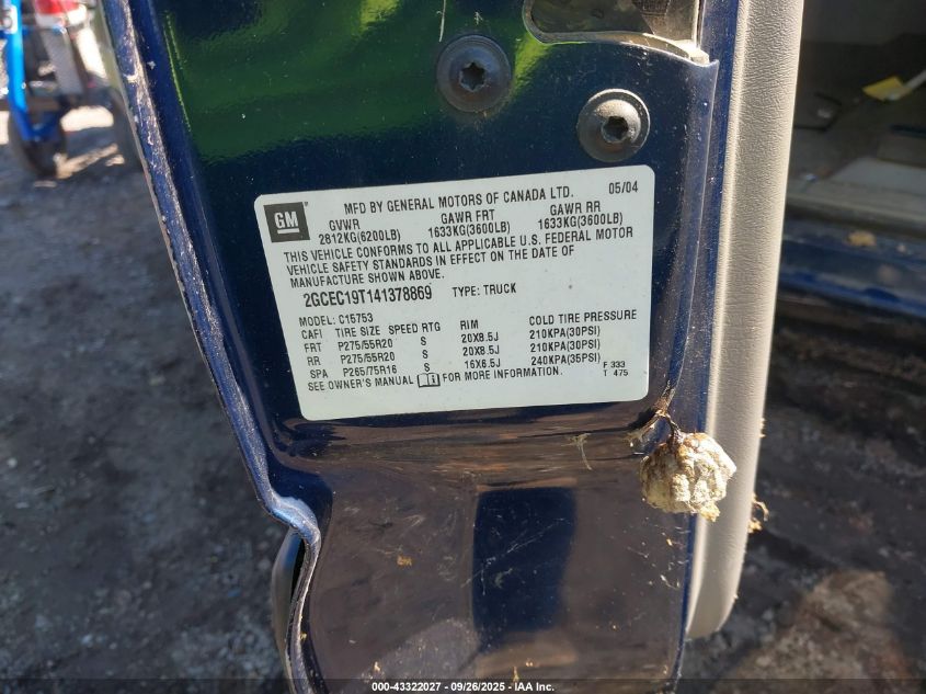 2004 Chevrolet Silverado 1500 Lt VIN: 2GCEC19T141378869 Lot: 43322027