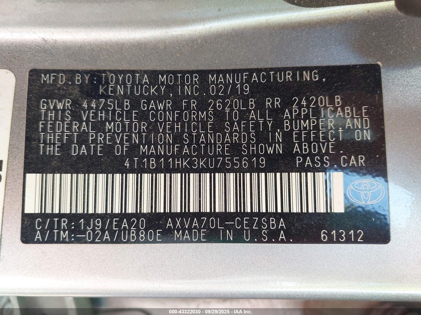 2019 TOYOTA CAMRY SE - 4T1B11HK3KU755619