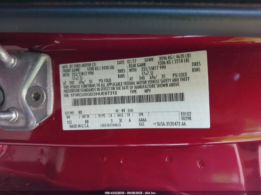 2017 Ford Escape Se VIN: 1FMCU0GD3HUE67312 Lot: 43322038