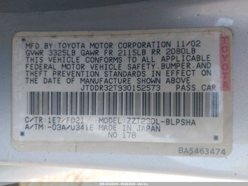 2003 Toyota Celica Gt VIN: JTDDR32T930152573 Lot: 43322039