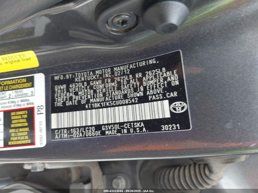 2012 Toyota Camry Se V6 VIN: 4T1BK1FK5CU008542 Lot: 43322044