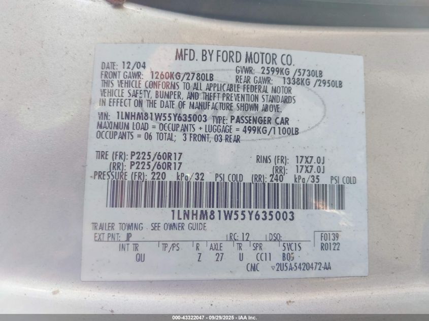 2005 Lincoln Town Car Signature VIN: 1LNHM81W55Y635003 Lot: 43322047