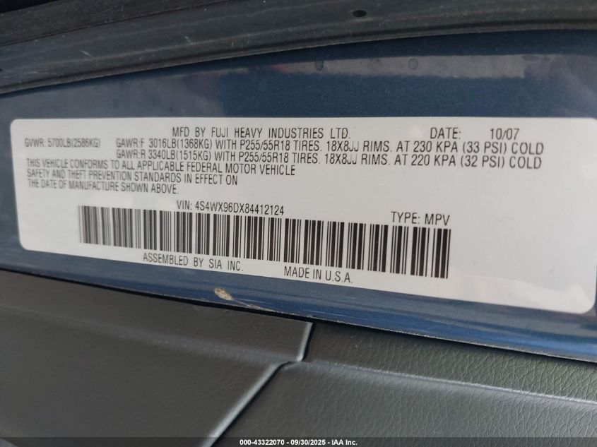 2008 Subaru Tribeca Base 7-Passenger VIN: 4S4WX96DX84412124 Lot: 43322070