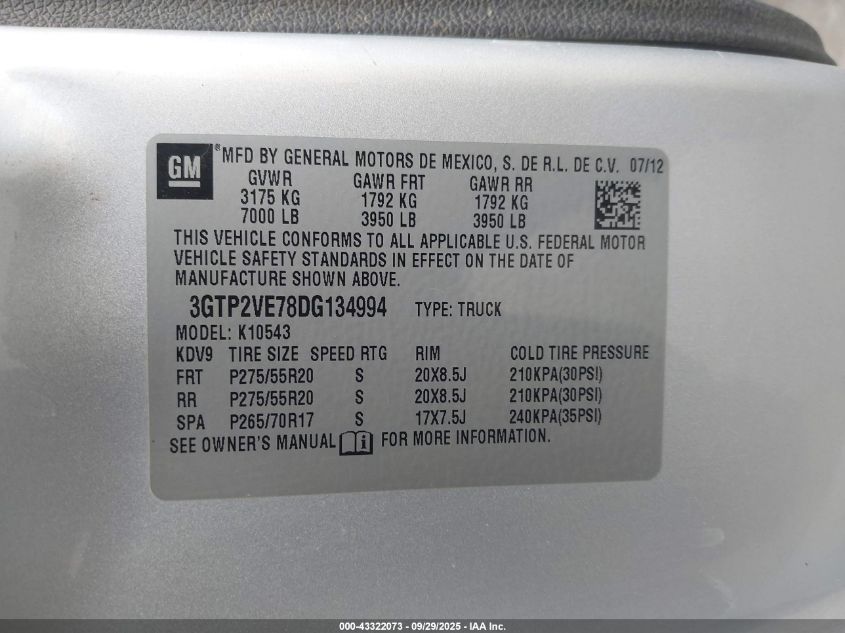 2013 GMC Sierra 1500 Sle VIN: 3GTP2VE78DG134994 Lot: 43322073