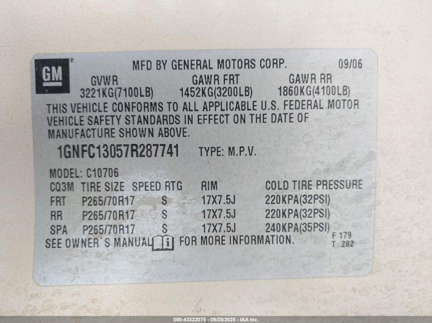 2007 Chevrolet Tahoe Ls VIN: 1GNFC13057R287741 Lot: 43322075