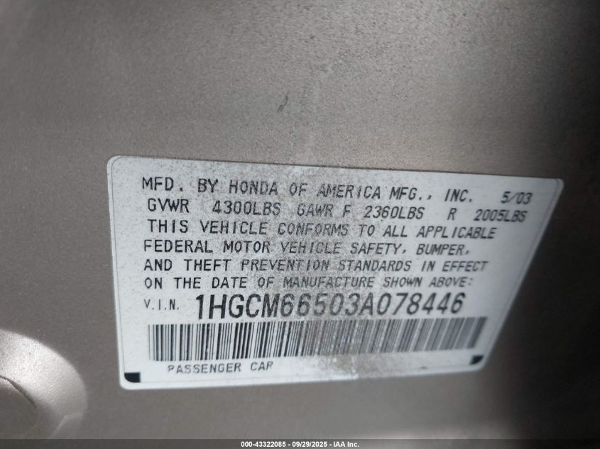 2003 Honda Accord 3.0 Ex VIN: 1HGCM66503A078446 Lot: 43322085