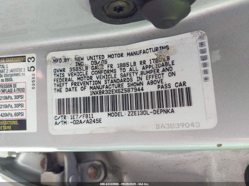 2006 Toyota Corolla Le VIN: 1NXBR32EX6Z587944 Lot: 43322086