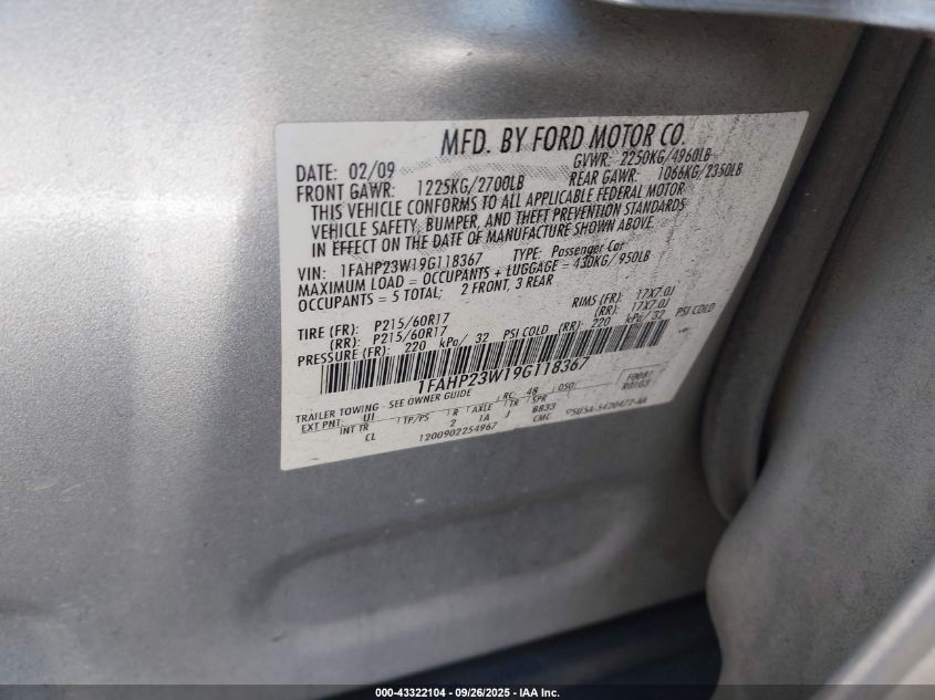 2009 Ford Taurus Se VIN: 1FAHP23W19G118367 Lot: 43322104