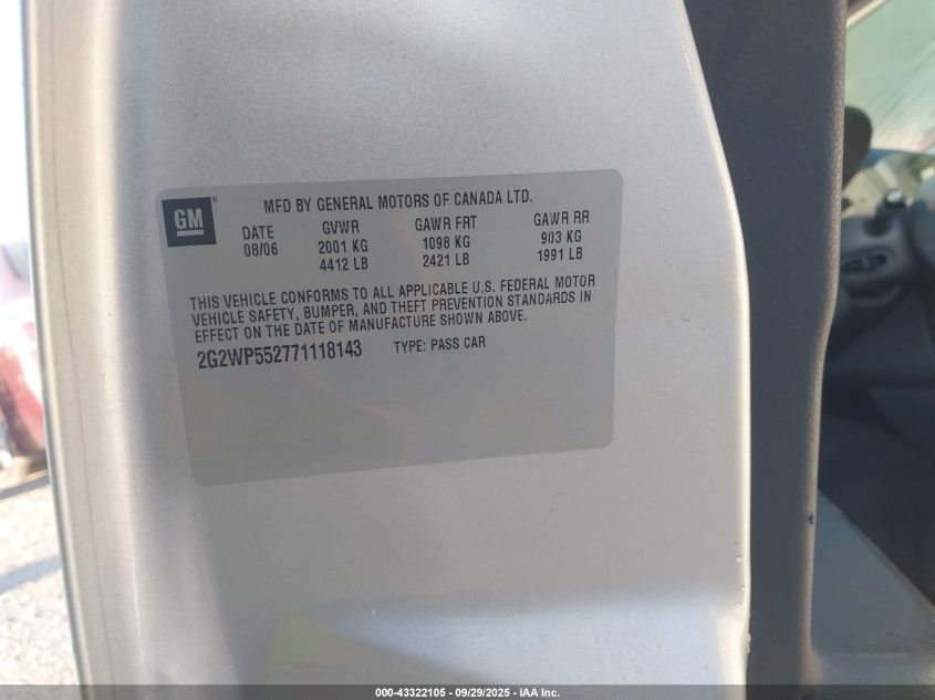 2007 Pontiac Grand Prix VIN: 2G2WP552771118143 Lot: 43322105