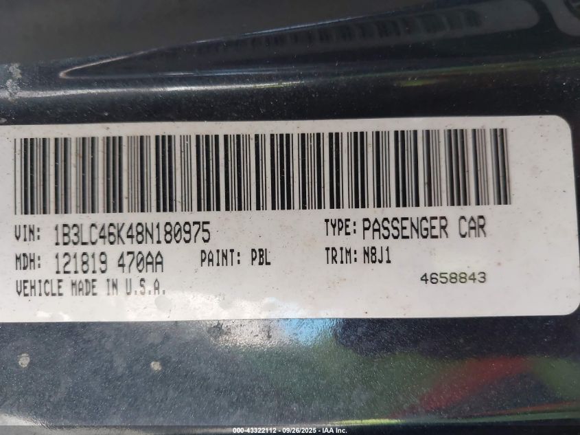2008 Dodge Avenger Se VIN: 1B3LC46K48N180975 Lot: 43322112