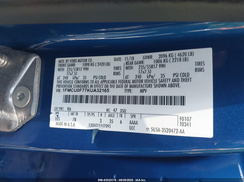 2019 FORD ESCAPE S - 1FMCU0F77KUA32165