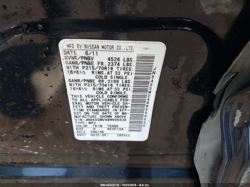 2011 Nissan Rogue S VIN: JN8AS5MV4BW686839 Lot: 43322116