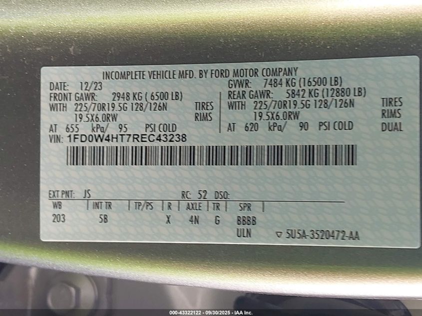 2024 Ford F-450 Chassis Lariat VIN: 1FD0W4HT7REC43238 Lot: 43322122