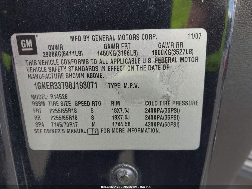 2008 GMC Acadia Slt-2 VIN: 1GKER33798J193071 Lot: 43322125