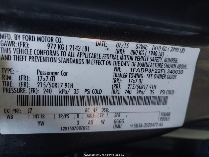 2015 FORD FOCUS SE - 1FADP3F22FL340030