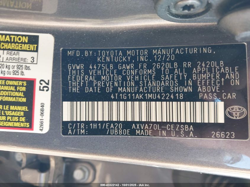 2021 Toyota Camry Se VIN: 4T1G11AK1MU422418 Lot: 43322142