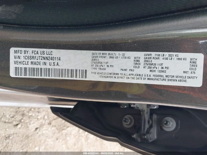 2022 Ram 1500 Laramie 4X4 5'7 Box VIN: 1C6SRFJT2NN240114 Lot: 43322143