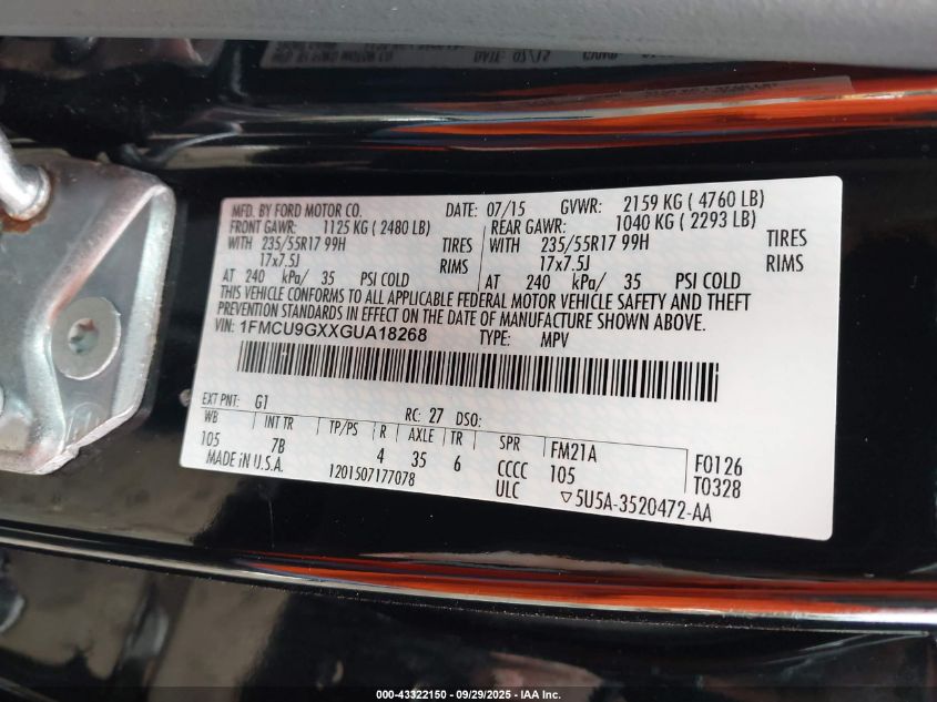 2016 Ford Escape Se VIN: 1FMCU9GXXGUA18268 Lot: 43322150